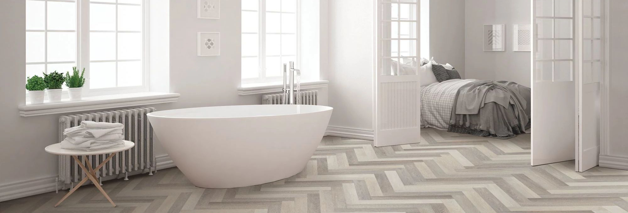 bathroom with herringbone floor - Big Dog Flooring in Indianapolis, IN